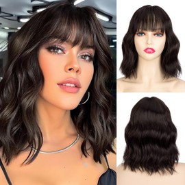 Sleekcute Bob Wig with Bangs 14 Inch Dark Brown Short Wavy Color Wigs for Women Synthetic Heat Resistant Bob Wigs For Women Daily Party Use(14 Inch Dark Brown)