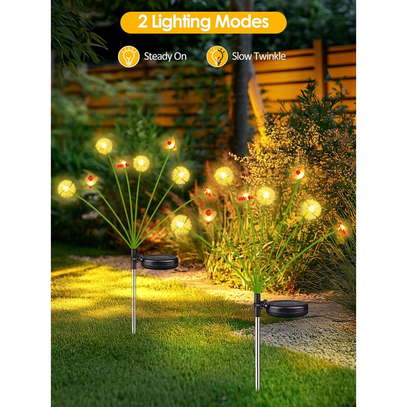 2 Pack Solar Garden Lights Outdoor,16 LED Solar Dandelion Bee
