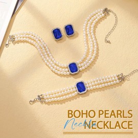 Reaky Pearl Layered Necklaces Rhinestone Choker Necklace 3 Pcs Crystal Neckalce Chains for Women (Blue)