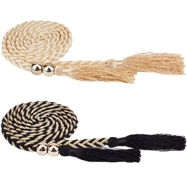 CRASPIRE 6Pcs Tassel Braided Belt 2 Colors Boho Cotton 69in(175cm) Knotted Metallic Waistband Thin Rope Beads Tie Vintage Skinny Trendy Decorative Woven Waist Cord for Lady Women Summer Skirt Dress