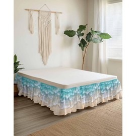 Ocean Beach Bed Skirt Coastal Seaside Sand Sea Water Bed Skirts Queen Size 16 Inch Drop, Wrap Around Dust Ruffle Bedskirt with Adjustable Elastic Belt for Queen Size Beds