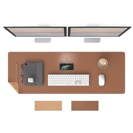 RENMTURE Alfombrilla de mouse rectangular de doble cara extragrande, corcho natural y piel sintética, para oficina y trabajo en casa, antideslizante, fácil de limpiar (café, 47x17 pulgadas)