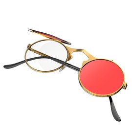 Yvey Unisex Retro 80s/90s Flip-Up Round Sunglasses Steampunk Rave Shades with Double Lenses (Gold Frame/Red Lens)