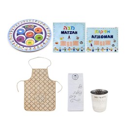 Passover Seder Set for Children Incl Melamine Seder Plate + Matching Matzah Cloth, Afikoman Bag, Kiddush Cup + "Matzah" Apron