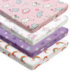 FIGEPO 4 Pack Baby Girl ack N Play Mini Crib Sheets Set Fitted Elephant Theme Toddler Bed Sheets Soft Breathable Baby Girl Mattress Covers for Infant or Newborn Girls (Elephant, Pack N Play Mini Crib Sheets)