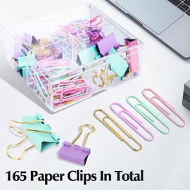 CREECHWA Cute Paper Clips Binder Clips Combo Set, 165 Psc, Assorted Size Paper Clips for Office, Cute Office Supplies Set, Purple (Colorful)