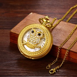Pocket Watch Rhinestones Owl Quartz Watch: Gold Silver Pocket Watches with Arabic Numerals Sweater Chain Analogue Watch for Men Women as Gifts for Mother's Day Father's Day Christmas Birthday, gold,