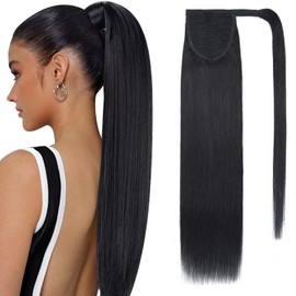SEGOHAIR Wrap Around Ponytail Human Hair Clip in Ponytail Hair Extensions, 14 inch Long Straight One Piece Clip in Hairpieces Human Hair Extensions-Jet Black Hair Extensions