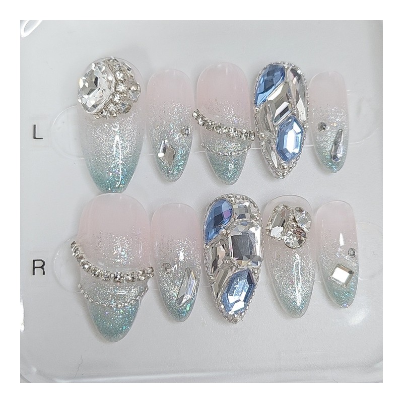 Aqua Bling Handmade Nail Tips - Coffin / 아쿠아 블링