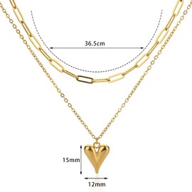 Designer Puffed Heart Multistrand Necklace Paperclip Chain w/ 14K Gold Plated Hypoallergenic, Water-Resistant, Tarnish-Free - Versatile Design Jewelry for Women, Adjustable, Metal, Cubic Zirconia