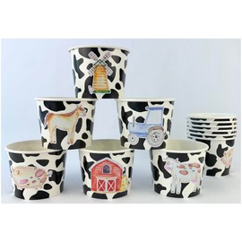 Farm Animal Party Paper Treat Cups, 12 oz, Set of 12, Cow Print with Barnyard Decals