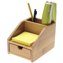Woodquail Small Desk Stationery Organiser with Drawer, Made of Natural Bamboo