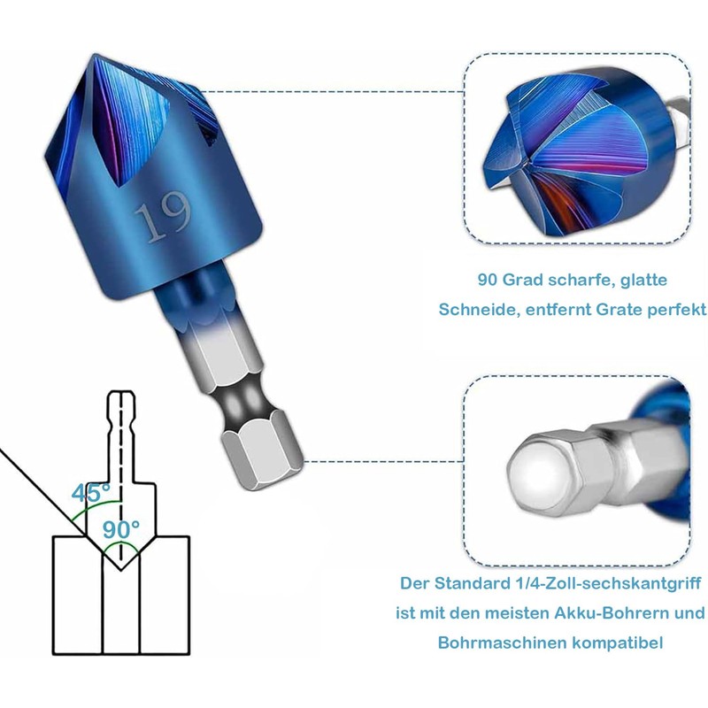 KEWAYO 6-Piece Countersink Set, Hexagonal Countersink Drill Bit 90° Angle