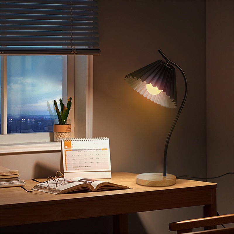 Table Lamp with Cloth Pleated Lampshade Metal Modern Nightstand Bedside
