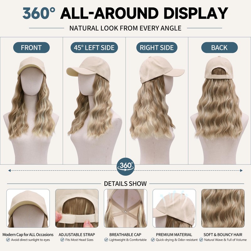 Hat Wigs 20" Hat with Hair Attached for Women,Long Wavy