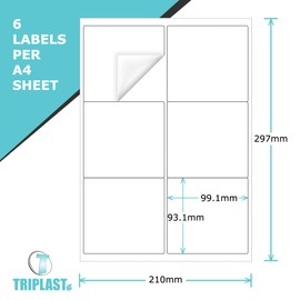 Triplast 10 x Multipurpose A4 Label Sheets - 6 Labels Per Sheet (99 x 93mm Each) - Easy Peel White Labels for Inkjet & Laser Printer - Address Labels, Shipping Labels, File Labels, DIY Stickers