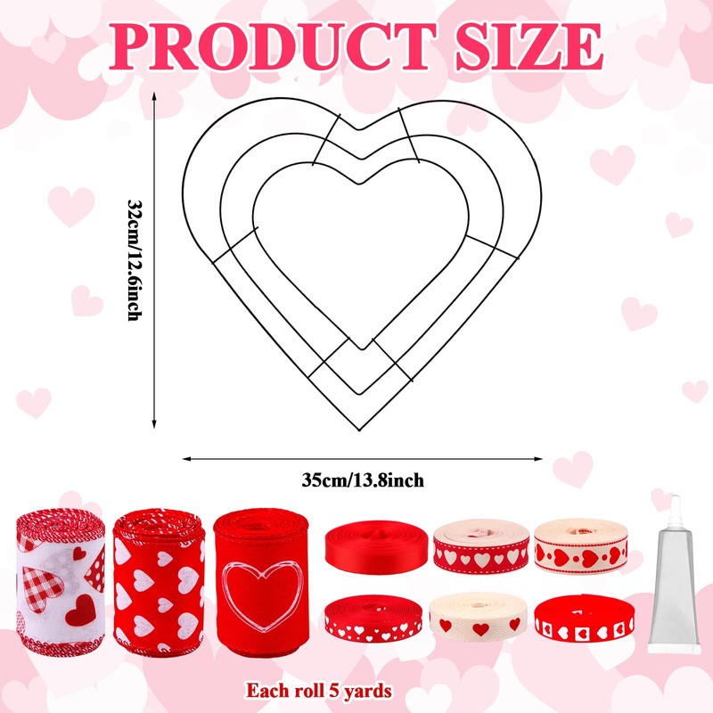 6 Sets Wedding Heart Wreaths-Wire Heart Wreath with Ribbon and