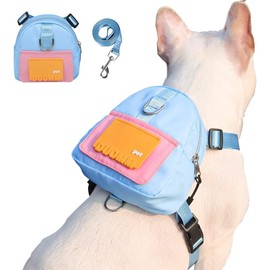 Mochila para Perro Impermeable con Correa, Arnés de Perro con Banda Reflectante, Dispensador de Bolsas para Excrementos de Perro, Ideal para Gato，Perros Pequeños y Medianos (M, Azul)