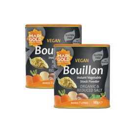 Marigold Health Foods Vegan Bouillon Instant Vegtable Powder - Organic & Reduced Salt - Gluten Free - Makes 7 litres - 140g (Pack of 2)