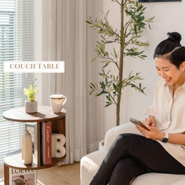 KAYMILY Side Table for Living Room, Circle Bookshelf Office End Table, Mid Century Modern Nightstands for Bedroom, Contemporary Round Sofa Tables for Your Home – Easy Assembly - Walnut