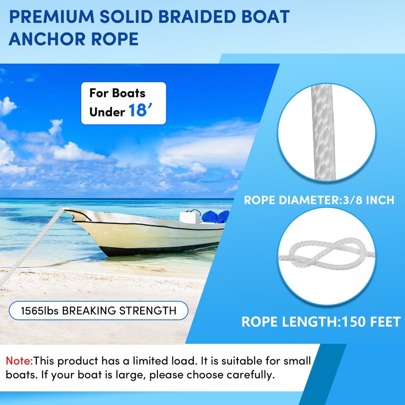 Premium Anchor Rope 150 ft x 3/8 inch, Solid Braid