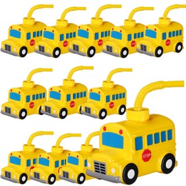 12 Set School Party Favor Gift Supplies School Bus Cups with Straws, Plastic School Bus Shape Cup Reusable School Party Plastic Cups Bulk School Bus Birthday Party Favor for Car Birthday Party
