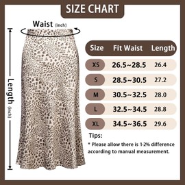 Soowalaoo Womens Leopard Print Skirt Midi Long Length Silk Satin High Waist Elastic Skirts, Light Green, Medium