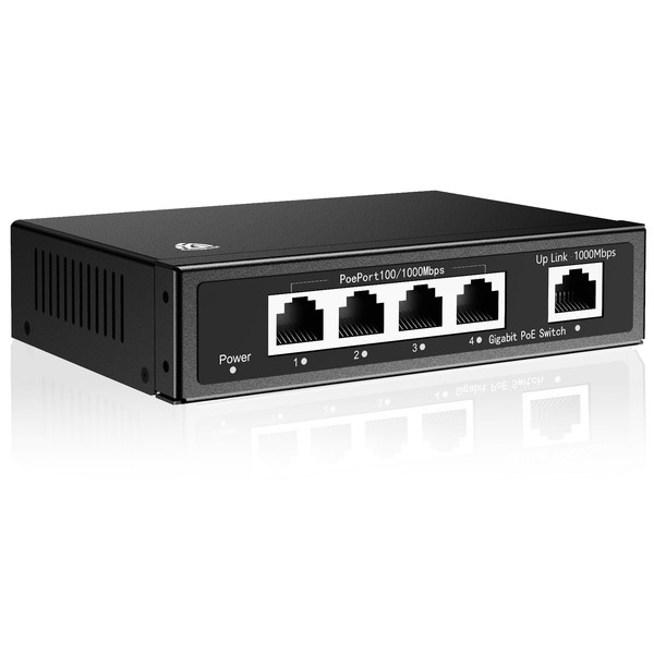 AKINGUAR 5-Port Gigabit PoE Switch, 4 RJ45 PoE Ports &