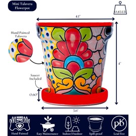 COBAZUL Mexican Pottery Planters - Talavera Planter - Succulent Pots - Ceramic Pots for Plants Indoor & Outdoor with Drainage Hole and Saucer - 4'' W x 4" H (Red-Small)
