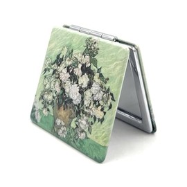 Espejo de rosas compacto con diseño de flores verdes, diseño de Van Gogh, para niñas, pequeño lápiz labial, con aumento plegable, para monedero, tamaños dobles