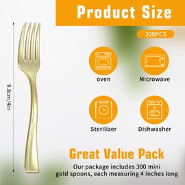 300 Pcs Mini Plastic Forks Bulk 4 Inch Disposable Mini Appetizer Forks Plastic Tasting Fork Cutlery for Desserts, Appetizers, Ice Cream Sampling, Puddings(Gold Color)