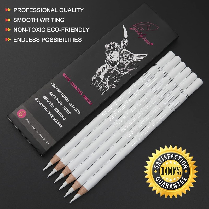 GETHPEN Professional White Charcoal Pencils Set - 6 Pieces Sketch