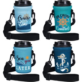 Jingmore 4 Pcs Cruise Ship Beer Can Cooler Boat Cup Sling Tumbler Carrier with Adjustable Shoulder Strap Cruise Essentials Gifts 2025 Water Bottle Holder for Royal Caribbean Summer Nautical Party