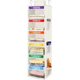 Fivebop 6-Shelf Weekly Clothes Organizer for Kids, Hanging Daily Closet Organization with 6 Side Pockets, Days of The Week Clothing Divider Storage for Boys and Girls (White)