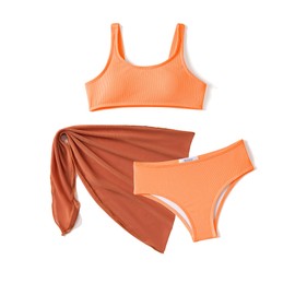 Arshiner Girls Bikini Set 3-Piece Summer Kids Swimsuits Beach Swimming Costumes Surfer Tankini with Skirt Bathing Swimwear Suit for Girls 8-9 Years Orange
