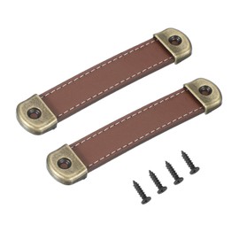 PATIKIL 4.4" Leather Drawer Pulls with Iron Sheet, 2 Pcs Leather Strap Trunk Handle Cabinet Knobs Hardware Replacement with 18mm Screws for Dresser Door Suitcase Luggage, Light Brown