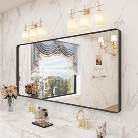 CHARMOR 60x28 Black Framed Bathroom Mirror, Large Matte Black Bathroom Vanity Mirror for Wall, Modern Rounded Rectangle Mirror, Shatterproof (Horizontally/Vertically)