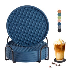 Coga Drink Coasters Set of 6 with Holder, Silicone Coasters Tabletop Protection for Any Table Type, Wood, Stone Tables, Dishwasher Safe, Coasters for Drinks Fits Any Size of Drinking Glasses Blue