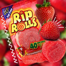 Rip Rolls Sugar Coated Strawberry Candies, Assorted Fruit Flavor Fat Free Red Licorice Candy Sour Belts, 4th of July Party Favors, Pack of 3, 40 Inches