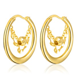 Gold Hoop Earrings for Women, Gold Hoop Earrings with 14K Real Gold Plated, Gold Earrings with Short Chain, Hypoallergenic Earrings, Trendy Jewellery for Girls Women, Pearl, No Gemstone