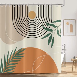 ASDCXZ Boho Duschvorhang 180x200 cm, Moderne Abstrakt Kunst Boho Style Sonne Mond Blätter Beige Bad Waschbar Duschvorhänge Polyester Textil Wasserdicht Duschvorhang für Badewanne mit 12 Haken
