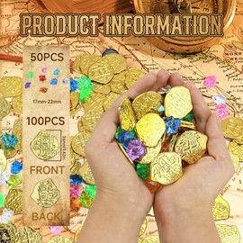 NCTNCX Pack of 100 Gold Coins Children, Gold Coins Toy, Gold Coins Pirate Treasure, Pirate Treasure Hunt, Children's Birthday Party (100 Gold Coins + 50 Gemstones) (100)