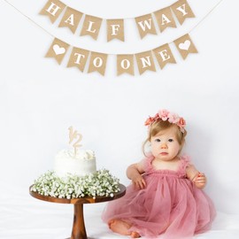 Pre-Strung Half Way To One Banner for Baby, 1/2 Birthday Party Decorations, Neutral 6 Month 1/2 Birthday Decorations Banner For Boys Girls (Khaki)