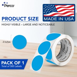 Perco Light Blue 2-Inch Round Circle Dot Sticker Labels with Permanent Adhesive - 500 Labels per Roll - Vibrant Colors, Strong Adhesion - Made in USA