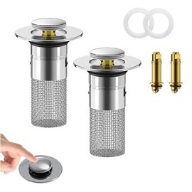 2 Pop Up Sink Plugs, Bathtub Plugs, Sink Plugs, Drain Plugs, Sink with Hair Strainer, Universal Odour-Resistant Drain Plug (1)