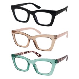 AMOMOMA 3 Pack Trendy Oversized Blue Light Stylish Readers for Women,Retro Square Cute Sturdy Computer Womens Reading Glasses AM6042 Black+Brown+Green 1.0