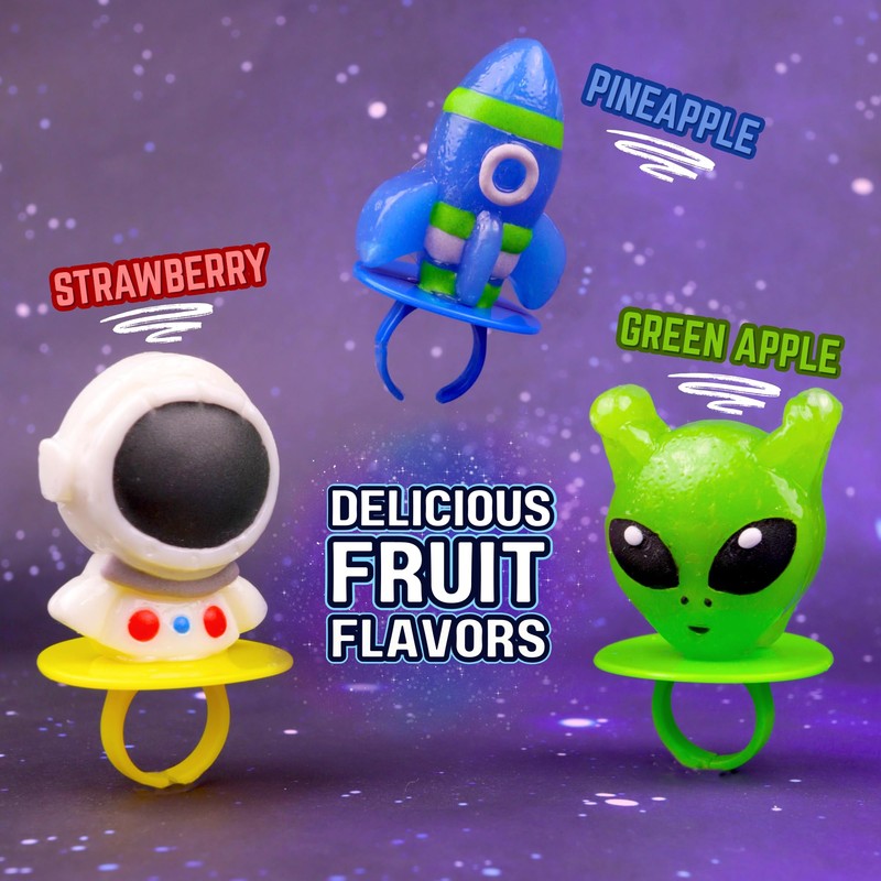 Outer Space Party Favors, Individually Wrapped Galactic Lollipop Rings, Rocketship,