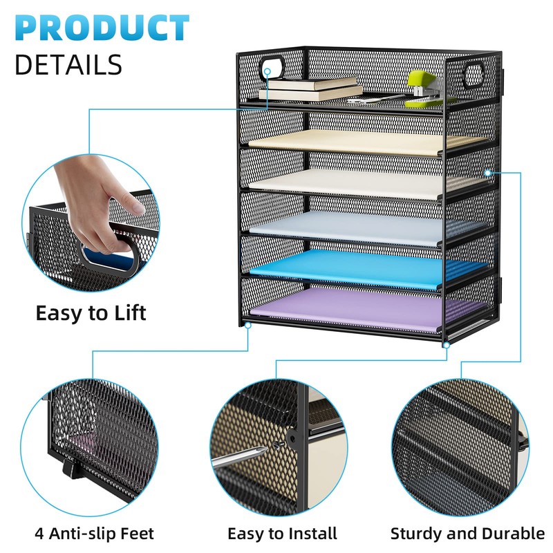 Marbrasse 2 Pack Desk Organizer with Handle, 6 Tier Paper