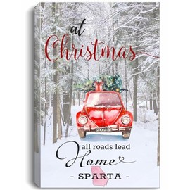 Christmas Canvas Wall Art 16"x24" For Home Decor Sparta Georgia GA State - At Christmas All Roads Lead Home With Merry Christmas Red Truck And Snow Decorated Tree