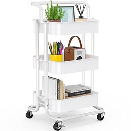 3 Tier Mesh Utility Cart, Rolling Metal Organization Cart with Handle and Lockable Wheels, Multifunctional Storage Shelves for Kitchen Living Room Office by Pipishell (White)